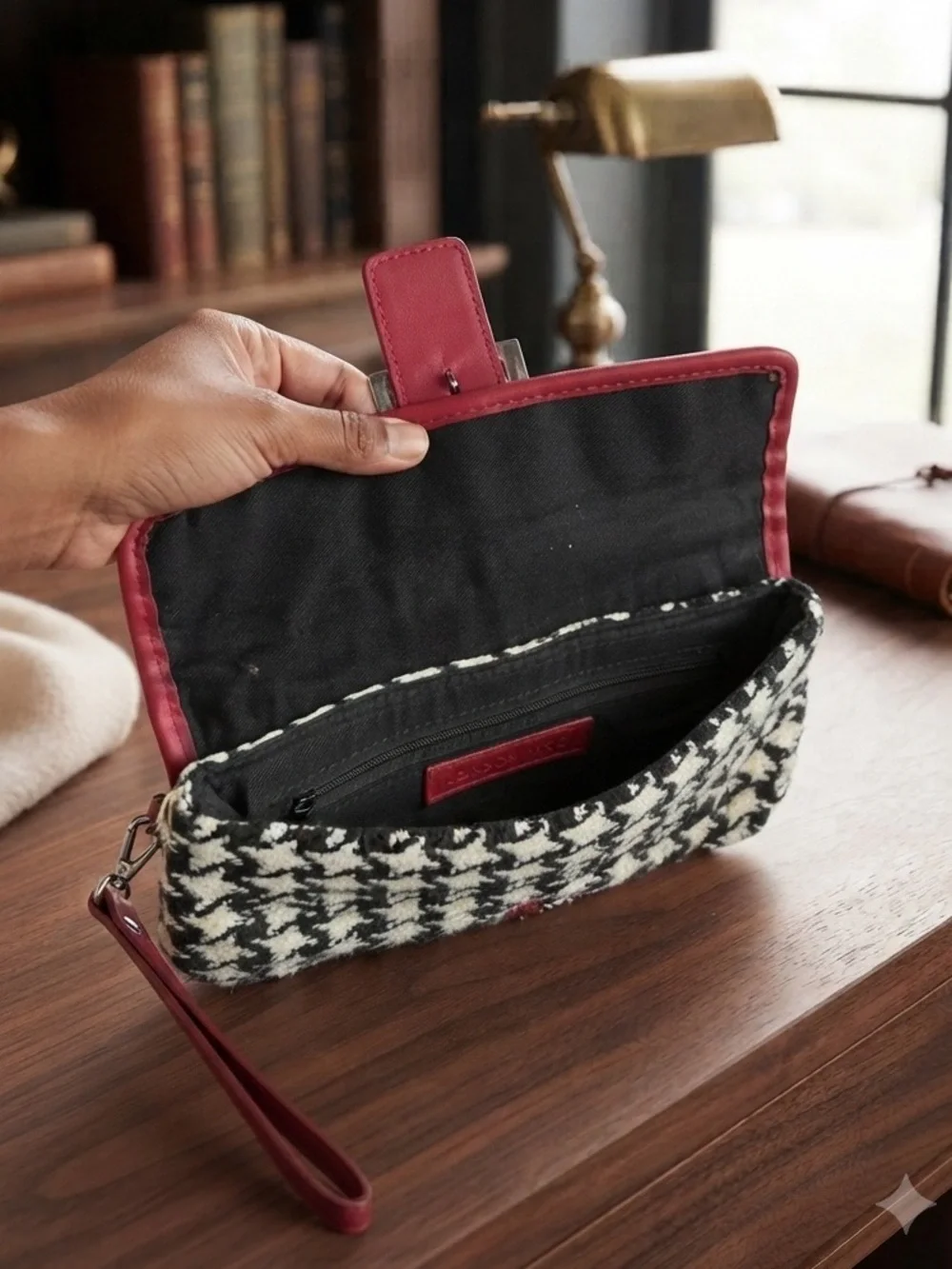 Sondra Roberts Houndstooth Wool Wristlet Clutch in Red and Black